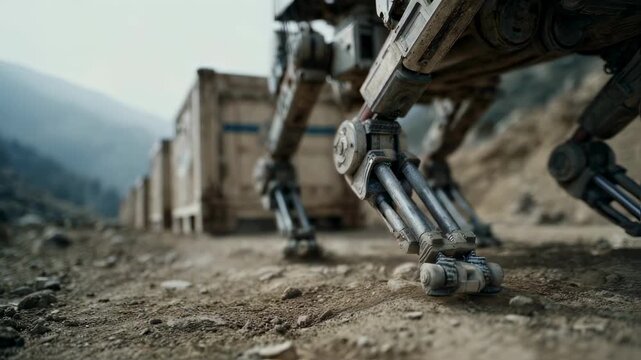 Close medium shot capturing a robotic mules mechanical legs stepping over uneven ground focused on the cargo crates while the distant mountainous landscape fades into soft focus.