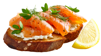 Savory Smoked Salmon and Cream Cheese Open-Face Sandwiches with Dill and Lemon Slice, cut out transparent