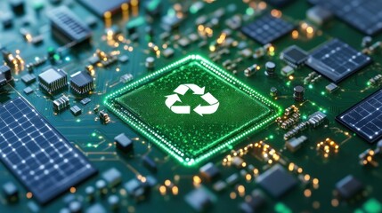 A close-up of a circuit board with miniature solar panels surrounding a glowing green recycling symbol at its core.  The image emphasizes sustainable technology and electronic recycling