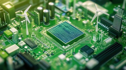 Fototapeta premium A close-up shot of a circuit board featuring a central processor, miniature wind turbines, and other electronic components, suggesting a concept of green technology and sustainable energy