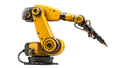 Industrial robot arm with articulated joints and robotic manipulator end effector, cut out transparent