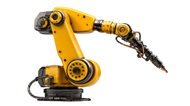 Industrial robot arm with articulated joints and robotic manipulator end effector, cut out transparent