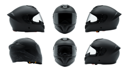 Multiple Views of a Matte Black Motorcycle Helmet with Clear Visor, cut out transparent