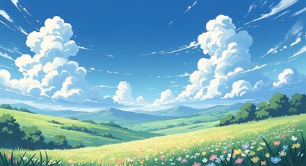 Scenic Landscape with Fluffy Clouds.