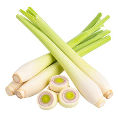 Lemongrass Culinary Delights Isolated On White Background: An appealing composition of fresh lemongrass stalks and meticulously sliced segments. revealing the plant's texture.