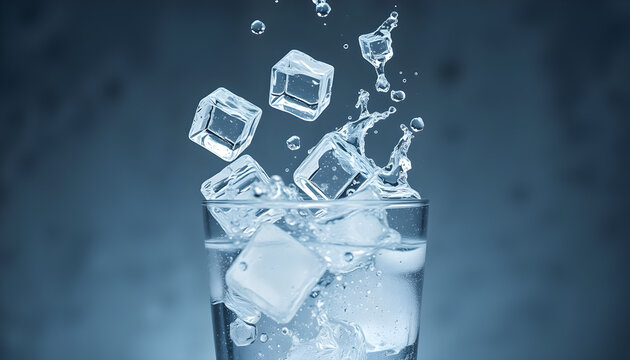 A glass of water with ice cubes falling on it and splashing water on the background, taken in macro.