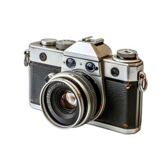 Vintage silver and black camera, front view.  Aged, classic SLR