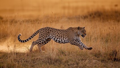 Fototapeta premium Leopard sprints through tall dry grass sunlight wildlife action
