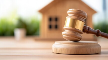 Obraz premium A wooden gavel rests on a circular base, with a small wooden house in the background, symbolizing justice and legal matters related to real estate.