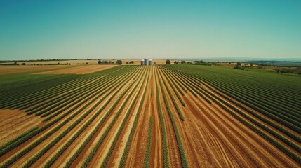 Aerial view of vast, meticulously organized agricultural fields stretching to the horizon under a clear blue sky. A single silo stands in the middle distance