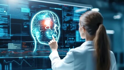 Woman Scientist Explores Digital Brain Scan Technology, Futuristic Artificial Intelligence - Powered by Adobe