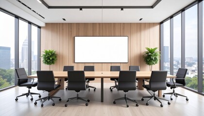 Modern conference room with wooden table, black office chairs, and large white screen mockup on wall, corporate business presentation space