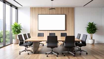 Modern conference room with wooden table, black office chairs, and large white screen mockup on wall, corporate business presentation space