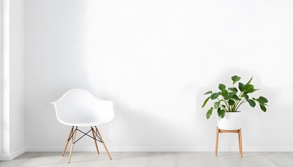 Minimalist modern interior with white armchair and potted plant in bright airy room