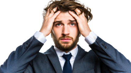Man in Suit Gripping Head in Frustration and Worry, cut out transparent