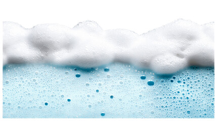 Close-up of frothy white foam with tiny blue bubbles against a clean white background, cut out transparent