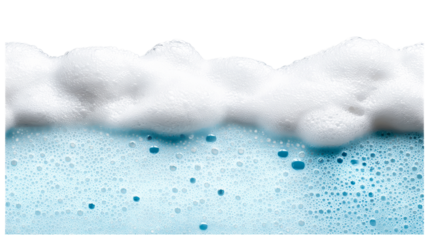 Close-up of frothy white foam with tiny blue bubbles against a clean white background, cut out transparent