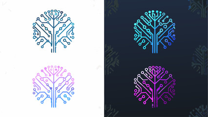 Four circuit board tree designs with colorful gradients on white and dark backgrounds displayed together