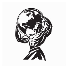 Atlas Muscular Man Holding Globe Logo Vector Strong Hero Design on white background