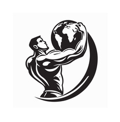 Atlas Muscular Man Holding Globe Logo Vector Strong Hero Design on white background