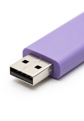 Close up of a lavender usb flash drive on a white background