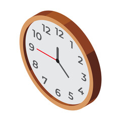 Isometric wall clock. Circle wall clock with arrows. Home interior accessory. Furniture elements. Isometric furniture