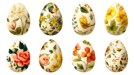 Collection of Easter eggs adorned with detailed botanical illustrations and butterflies, cut out transparent