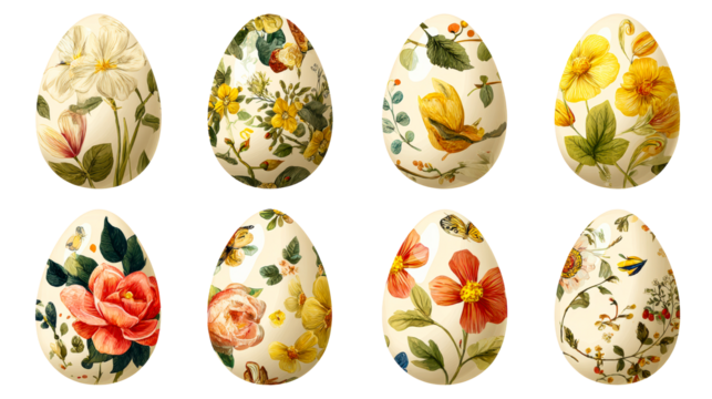 Collection of Easter eggs adorned with detailed botanical illustrations and butterflies, cut out transparent