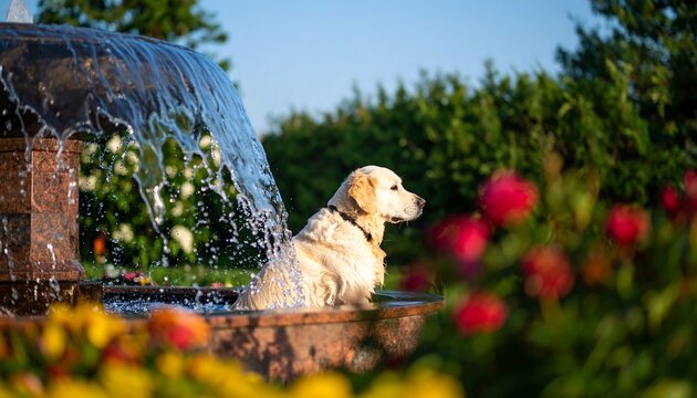 Golden Retriever Playing in Garden Fountain - Powered by Adobe