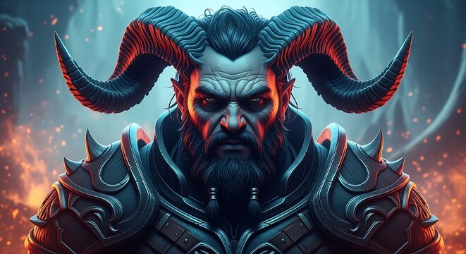 Focused Demon Lord, Intense Gaze, Fantasy Art.