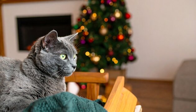 A grey cat rests on a wooden chair with a Christmas tree and fireplace in the background, creating a cozy holiday scene. - Powered by Adobe