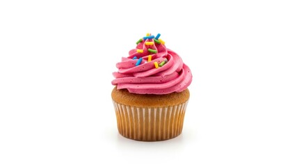 Delicious Pink Frosted Cupcake with Sprinkles on White Background, Sweet Treat