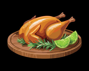 A full, beautifully roasted chicken served with fresh lime slices and herbs - Vector Illustration  © powdesign