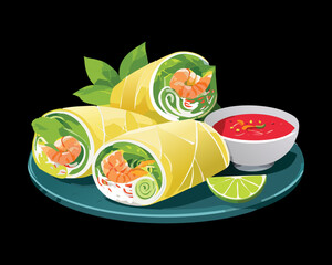 Crispy fried spring rolls with fresh vegetables and dipping sauce, a classic appetizer or snack, served on a plate - Vector Illustration