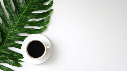 コーヒーカップと植物を置いたミニマリストなワークスペース。上から見るとシンプルさと生産性が際立っています。