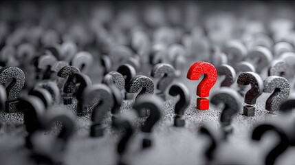 A red question mark stands out amongst many dark question marks.