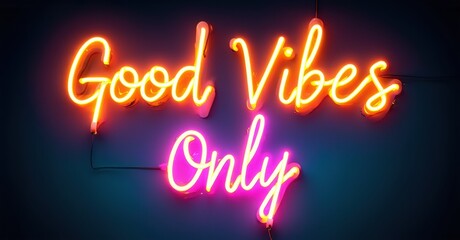 Bright neon sign displays positive message. Vivid colors contrast dark background. Text reads Good Vibes Only. Simple, modern aesthetic.