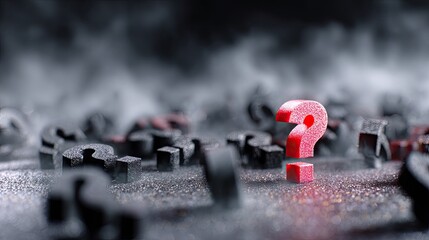 Red question mark amidst dark symbols.