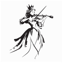 Girl in Princess Attire Playing the Violin Logo Vector on white background