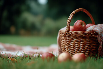 Wicker basket overflowing with ripe red apples in a meadow