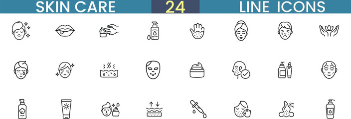 Collection of 24 line icons representing various skin care concepts and treatments vector