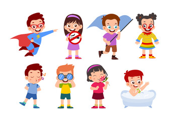 Set of cute little kids cartoon characters with various activities, little kid holding flag, in bathtub, superhero costume, binoculars, whistling, clown costume, no smoking sign, smelling flower.