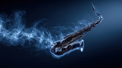 A sleek saxophone emits swirling smoke against a dark background, evoking a sense of music and movement.