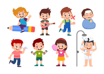 Set of cute little kids cartoon characters with various activities, little kids in shower, lifting dumbbles, playing guitar, paper airplane, windmill, blanket,sick, eating cotton candy, flying pencil
