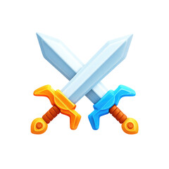 Two stylized swords, crossed, with orange and blue handles