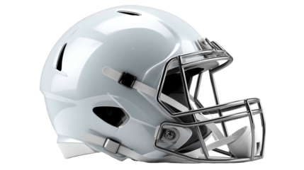 Glossy white American football helmet with metallic facemask and chin strap, cut out transparent