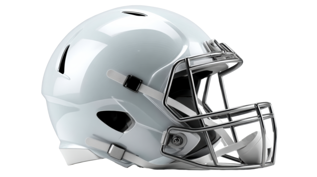 Glossy white American football helmet with metallic facemask and chin strap, cut out transparent