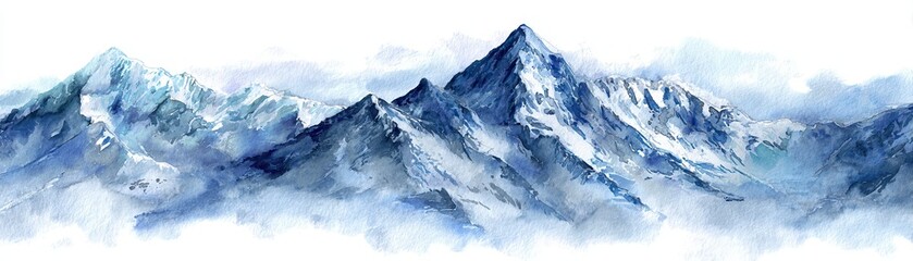 Obraz premium A serene watercolor painting of majestic snow-capped mountains, surrounded by soft clouds, conveying a sense of tranquility and natural beauty.