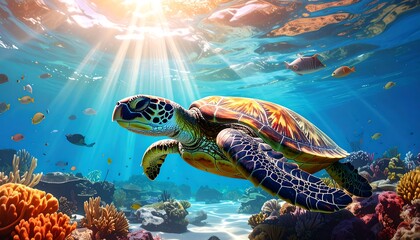 Obraz premium Discover vibrant underwater life with a majestic sea turtle swimming through sunlit ocean reefs