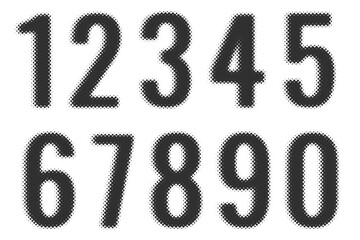 Halftone numbers with pixel pattern effect. Vector font shapes for collage and graphic design. Typographic trendy dither grainy elements on white background